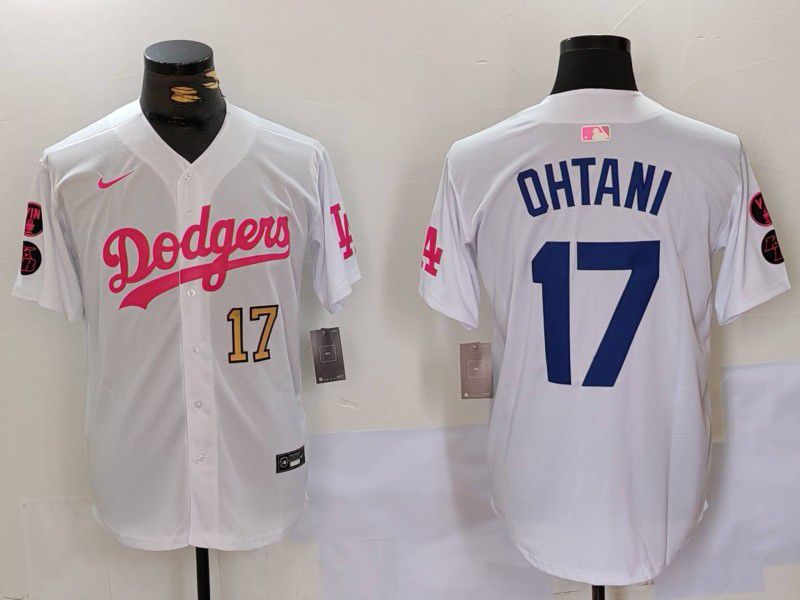 Men Los Angeles Dodgers 17 Ohtani White pink joint name 2024 Nike MLB Jersey style 4